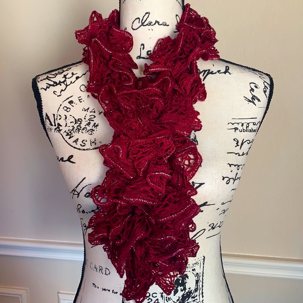 ♥️ Crochet Lace Scarf Maroon/Red w Silver Shimmer
